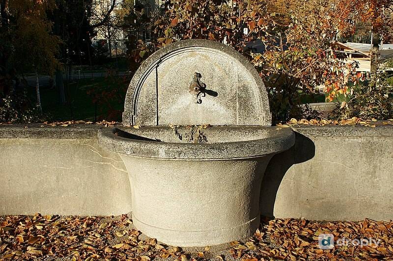 A stone wall fountain with a metal spout in Bern, its basin and the ground around it covered in autumn leaves