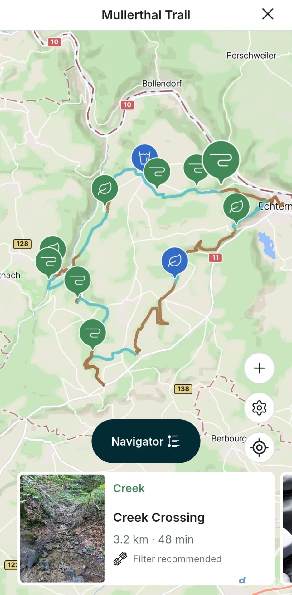 The droply Navigator map of route 2 of the Mullerthal Trail with water sources marked along the track