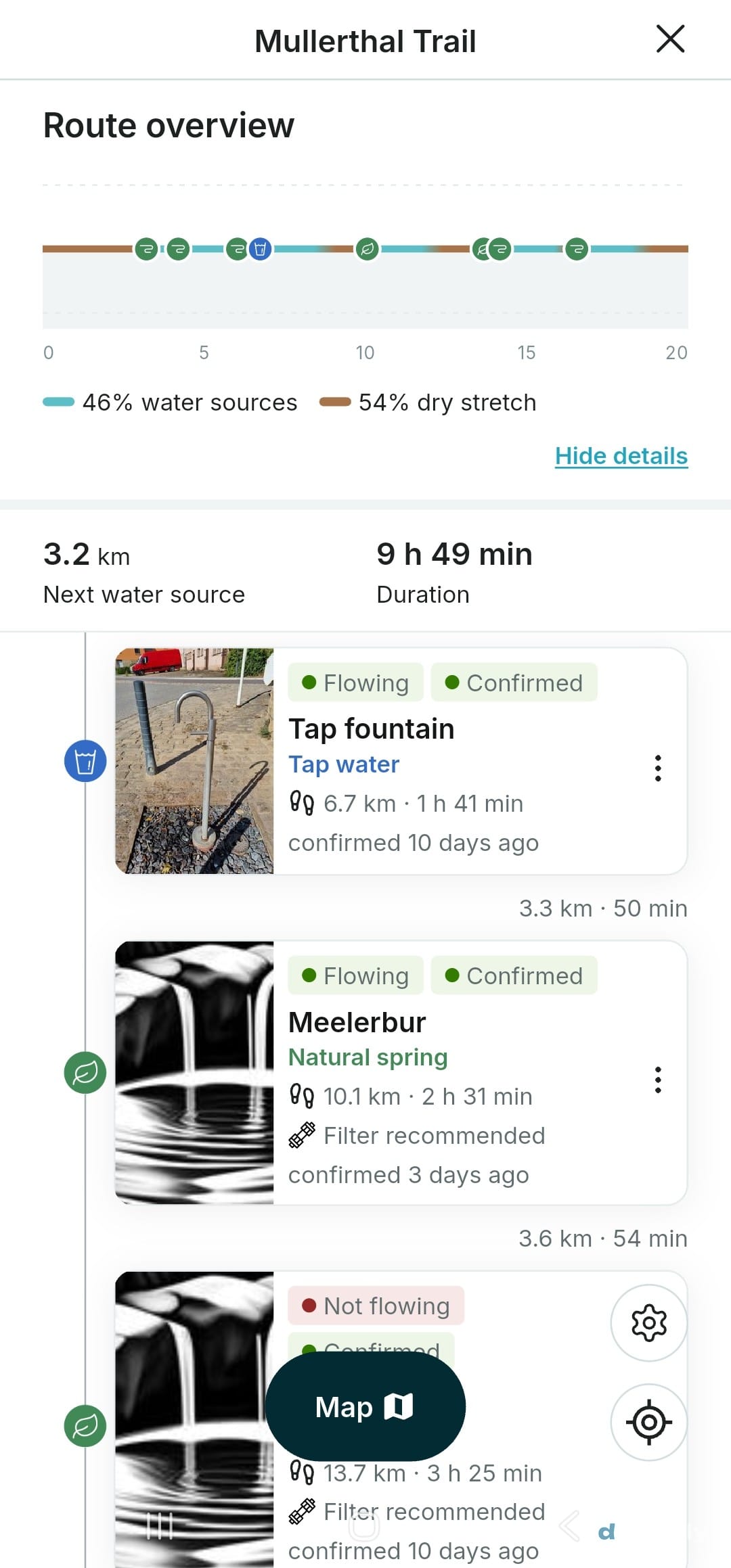 The droply Navigator water timeline for the Mullerthal Trail showing a tap fountain and a natural spring