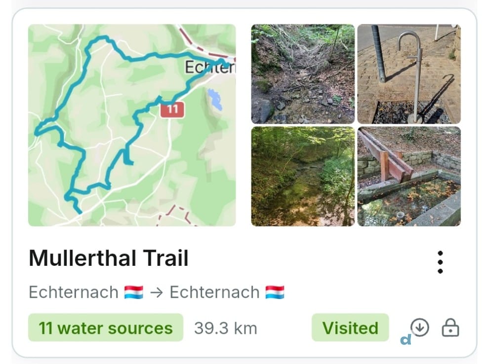 The Mullerthal Trail route card in droply showing 39.3 km and 11 water sources