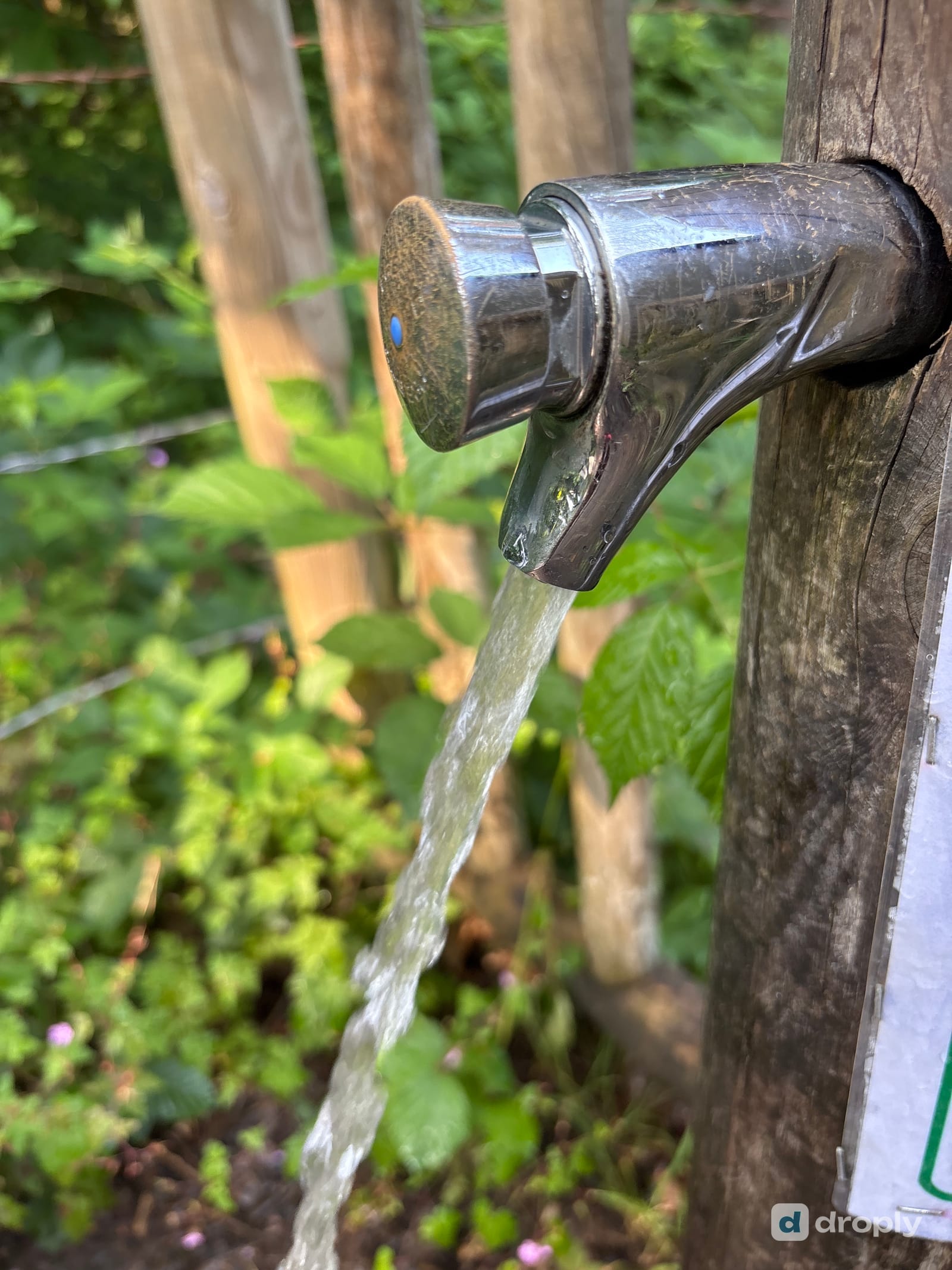 A rustic wooden fountain with two spouts flowing into greenery near Golinhac, in the Aveyron region of France