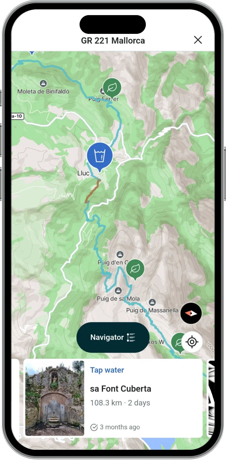 droply map view with a route and its dry stretch marked