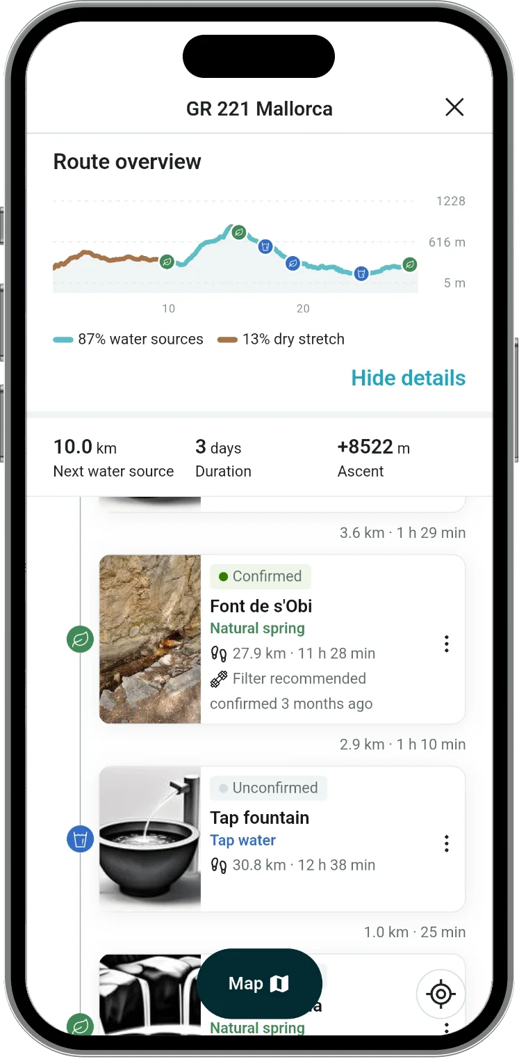 droply route overview with water sources and dry stretch listed